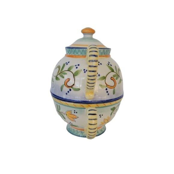 Sonoma Hand Painted Stackable Ceramic Teapot Cup and Saucer Floral Stripe - Picture 2 of 11